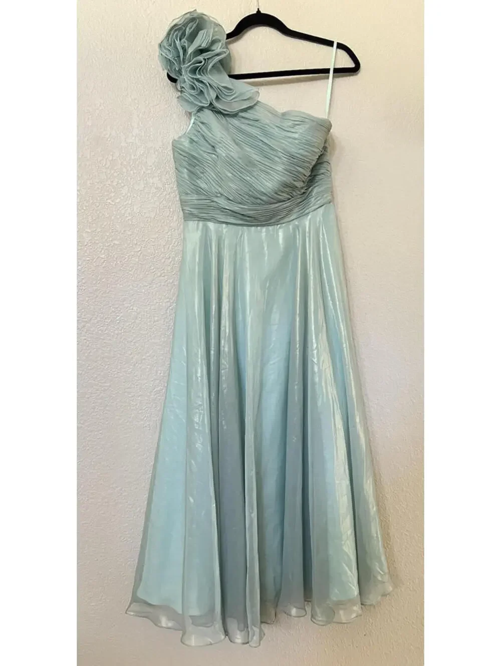 New Mac Duggal Rosette One Shoulder Tea Length Dress In Sage Size 6 - Picture 4 of 10